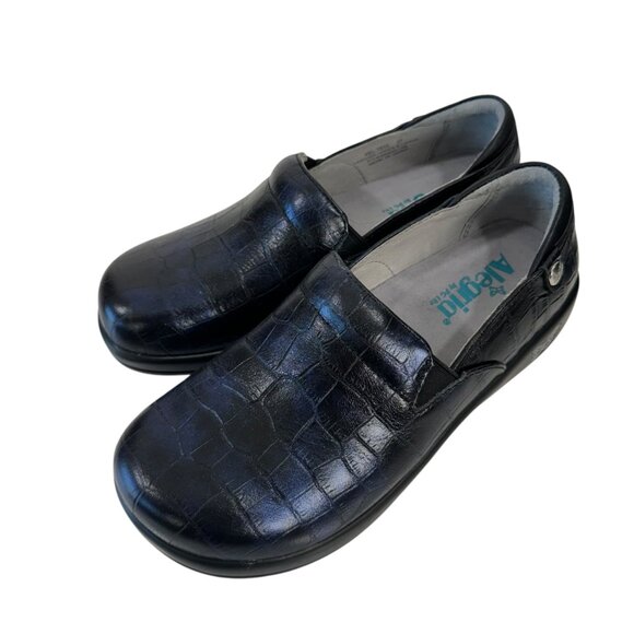 Alegria Leather Slip-On Shoes SZ 37 Black Croc Pattern Comfy Professional Clogs - Picture 2 of 13